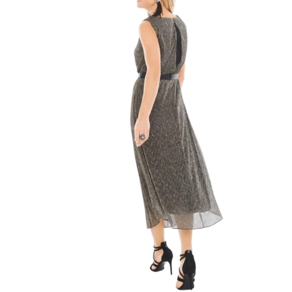 NEW Chico's Pleated Split back metallic gold tone shimmer Midi Dress - Picture 2 of 12